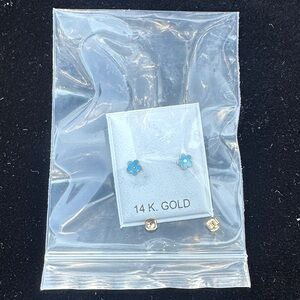 14K Gold Blue Flower Earrings